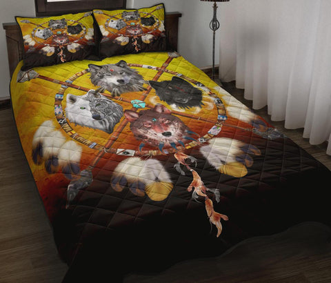 4 Wolves Warriros Dreamcatcher Native American Quilt Bed Set - Powwow Store