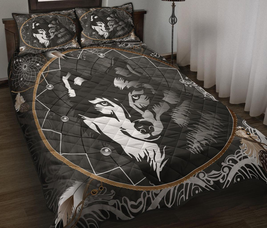Black Wolf Dreamcatcher Native American Quilt Bed Set