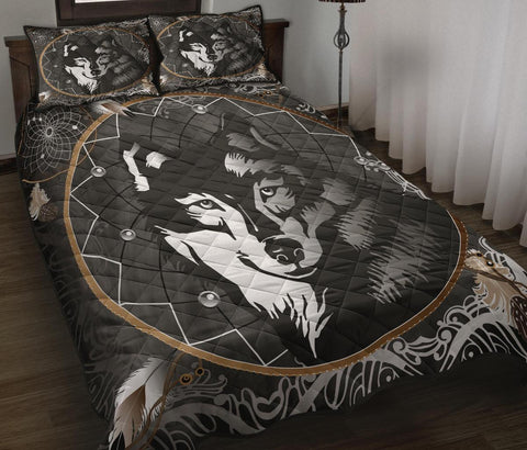 Black Wolf Dreamcatcher Native American Quilt Bed Set - Powwow Store