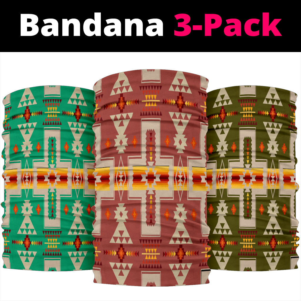 Tan Green Blue Tribe Design Native American Bandana 3-Pack NEW