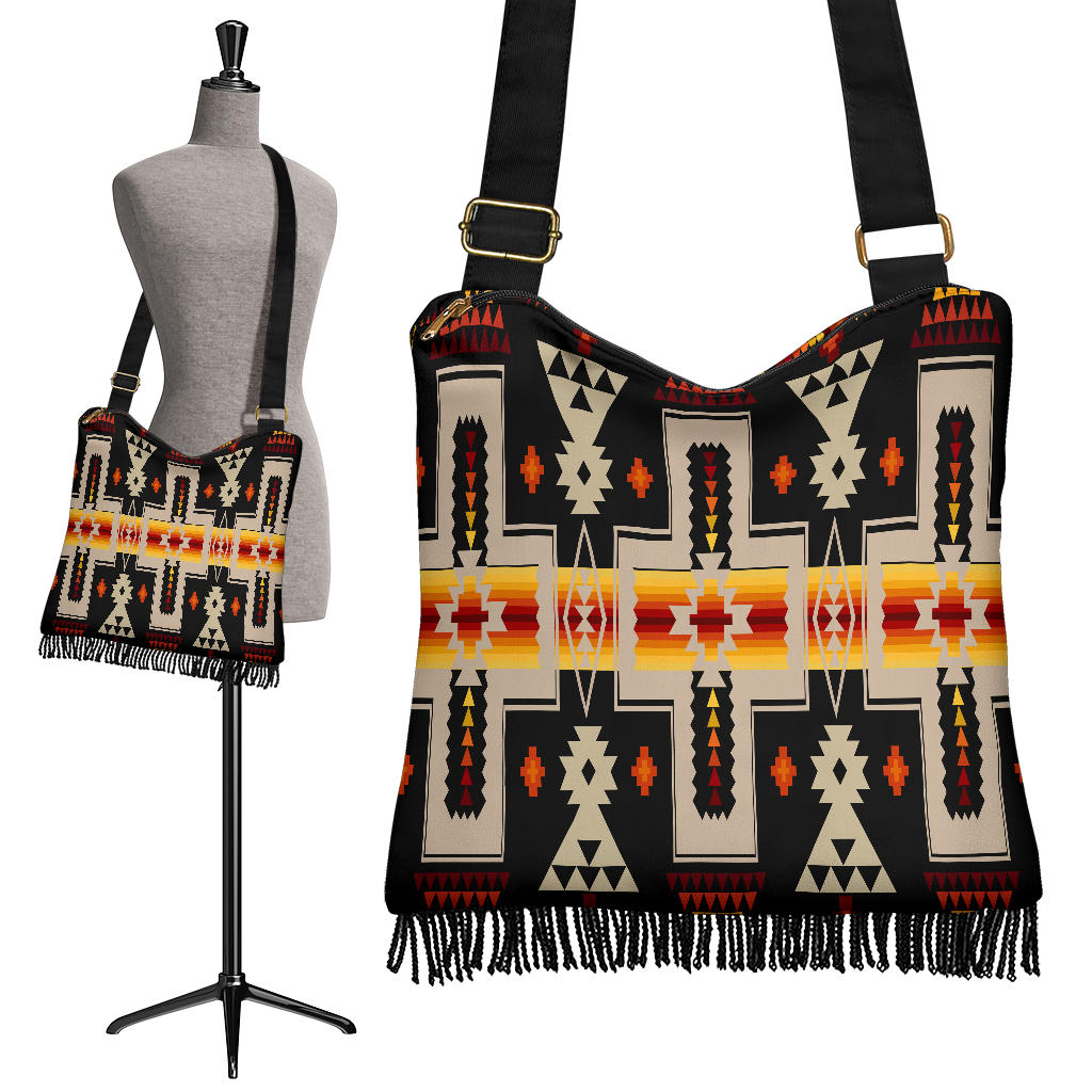 GB-NAT00062-01 Black Tribe Design Native American Crossbody Boho Handbag - Powwow Store