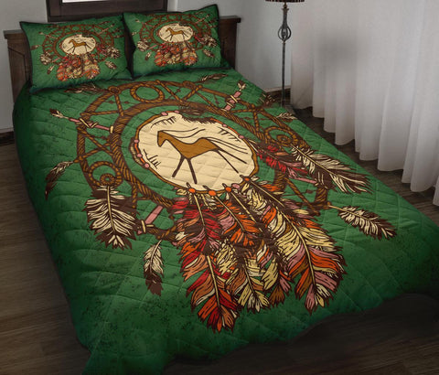 Green Horse Dreamcatcher Native American Quilt Bed Set - Powwow Store