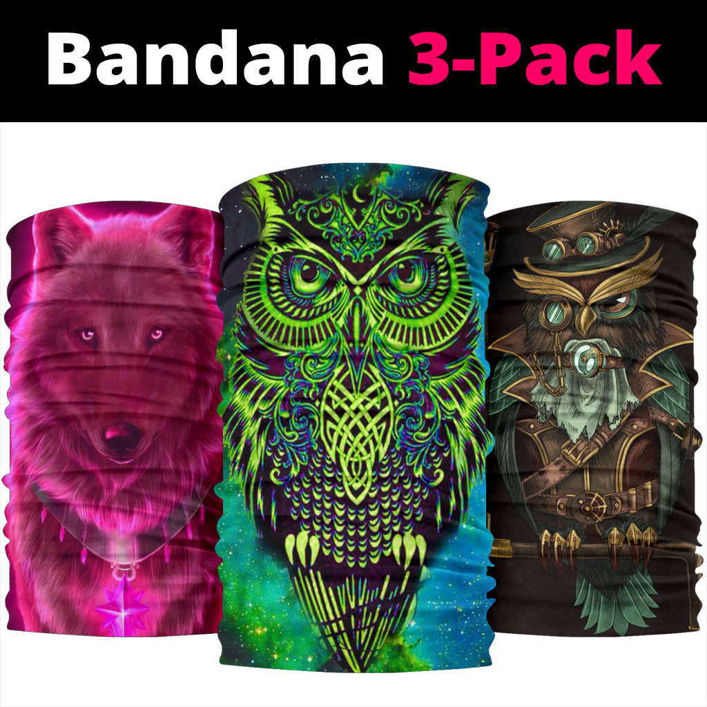 Owl Art Design Mix Pink Wolf Bandana 3-Pack NEW