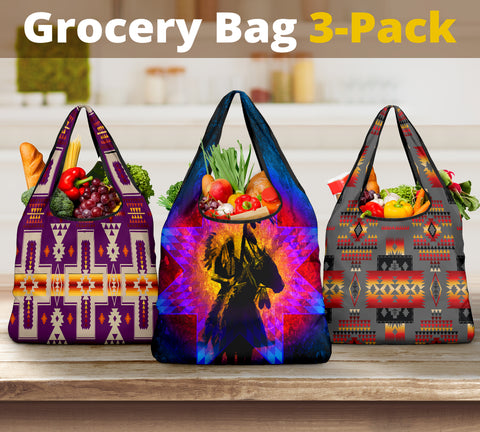 Dark Purple Tribes Pattern Native American Grocery Bag 3-Pack