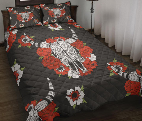 Bison And Red Flowers Native American Quilt Bed Set - Powwow Store