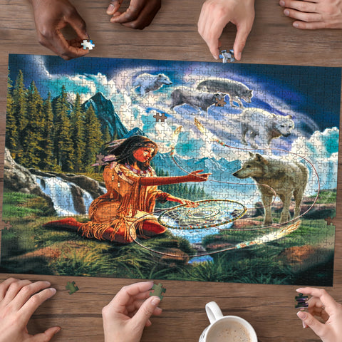 Powwow Store gb nat00050 wolves women wood jigsaw puzzle horizontal