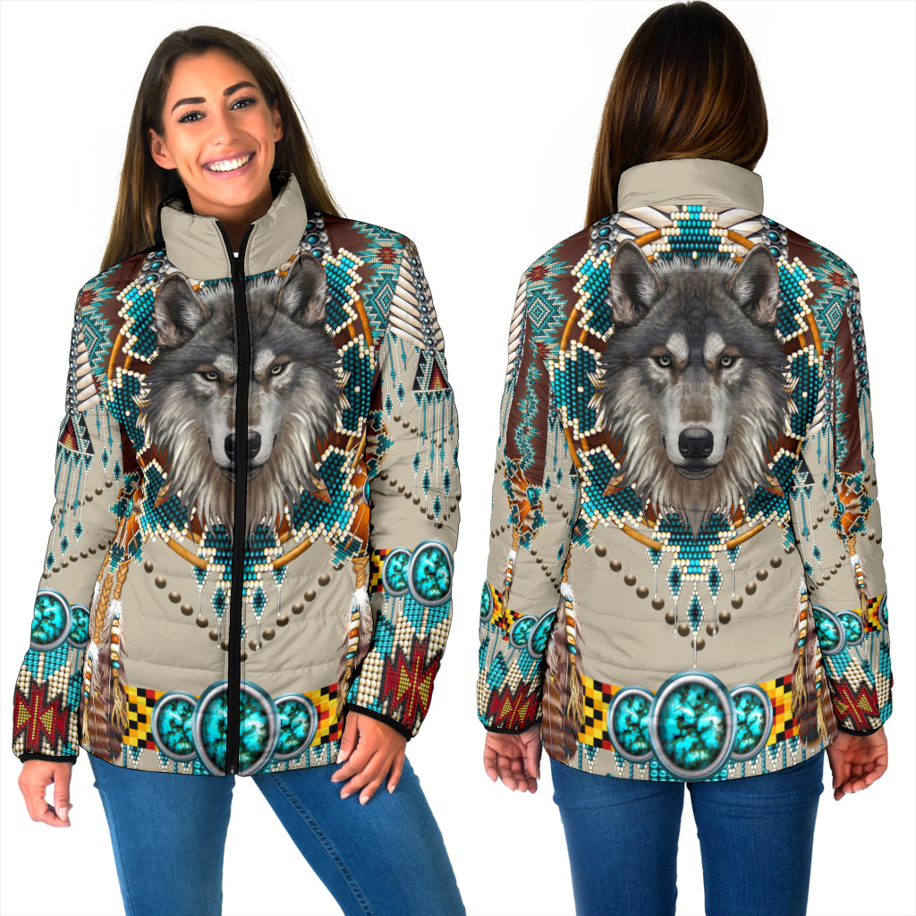 Powwow StoreGBNAT00069B Blue Mandala Wolf Women's Padded Jacket