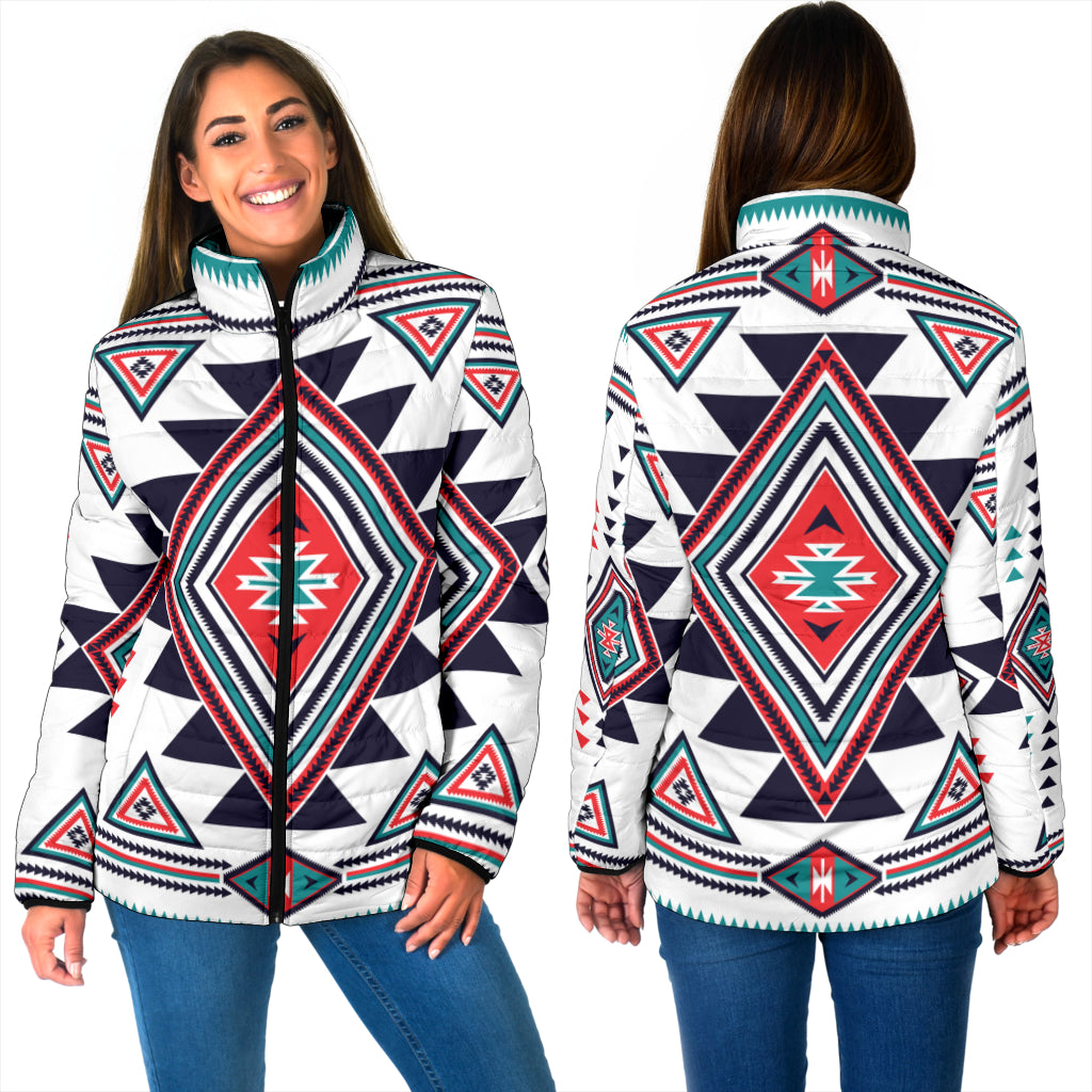 Powwow StoreGBNAT00146 White Geometric Native   Women's Padded Jacket