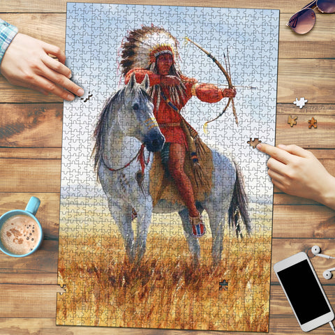 Powwow Store gb nat00155 chief shooting bow and arrow wood jigsaw puzzle vertical