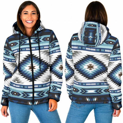 GB-NAT00528 Blue Colors Pattern Women's Padded Hooded Jacket