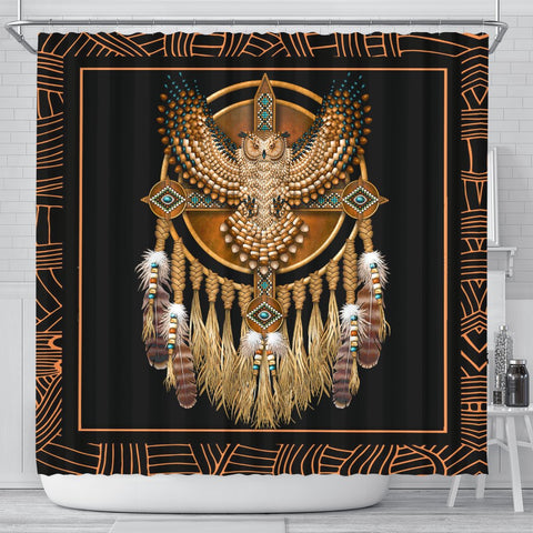 Golden Owl Dreamcatcher Native American Shower Curtain - ProudThunderbird