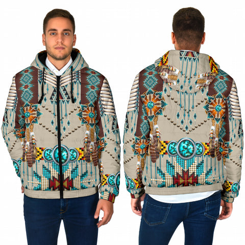 Powwow StoreGBNAT00069 Turquoise Blue Pattern Breastplate  Men's Padded Hooded Jacket