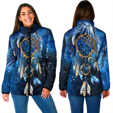 GB-NAT00065 Blue Galaxy Dreamcatcher Native Women's Padded Jacket