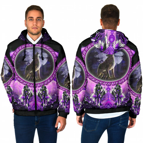 GB-NAT00564 Howling Wolf Dream Catcher Men's Padded Hooded Jacket