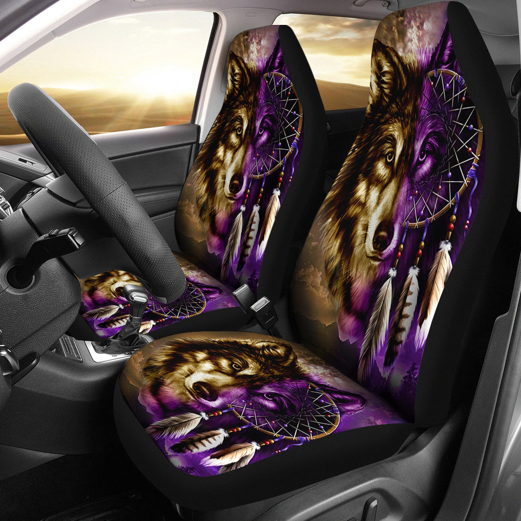 GB-NAT0005-CARS01 Dreamcatcher Purple Wolf Native American Car Seat Covers