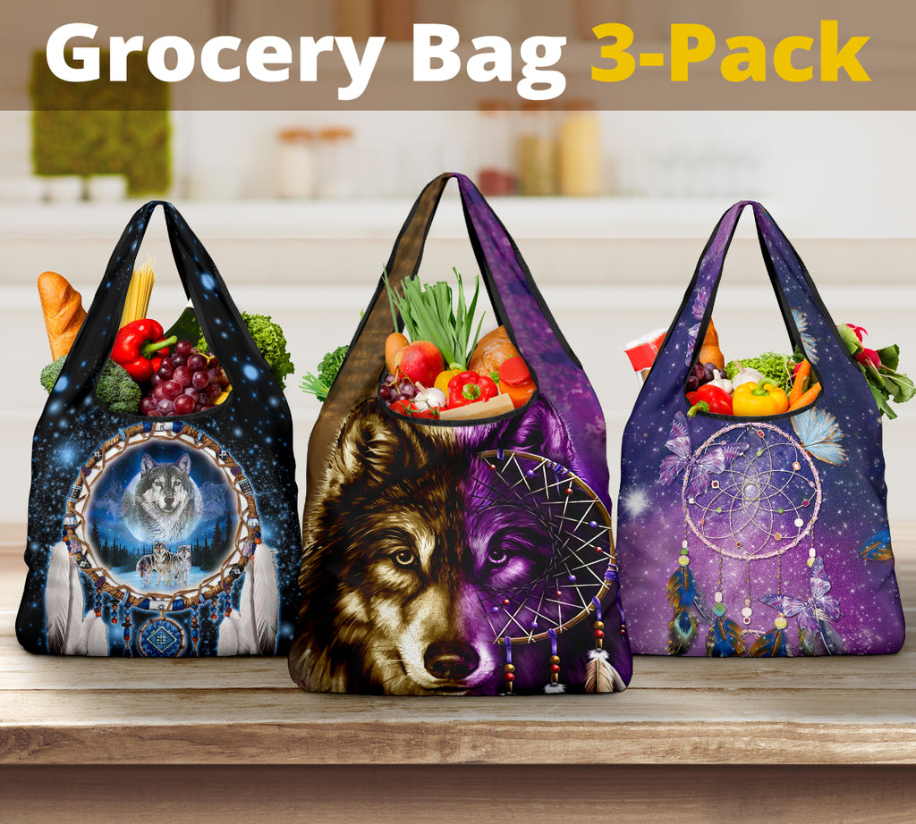 Wolf Dream Catcher Grocery Bags