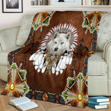 White Wolf With Headress Feathers Blanket