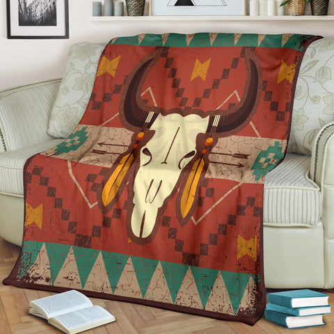 Brown Bison Skull Native American Premium Blanket - ProudThunderbird