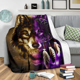 GB-NAT0005-BLAN01 Dreamcatcher Purple Wolf Native American Blanket