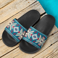 Blue Pink Native Design Native American Slide Sandals no link - Powwow Store