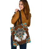 GB-NAT00446-05 Blue Mandala Feather Wolf Native Tote Bag