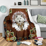 White Wolf With Headress Feathers Blanket