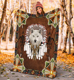 White Wolf With Headress Feathers Blanket