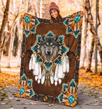 GB-NAT00446-05 Blue Mandala Feather Wolf Native Blanket