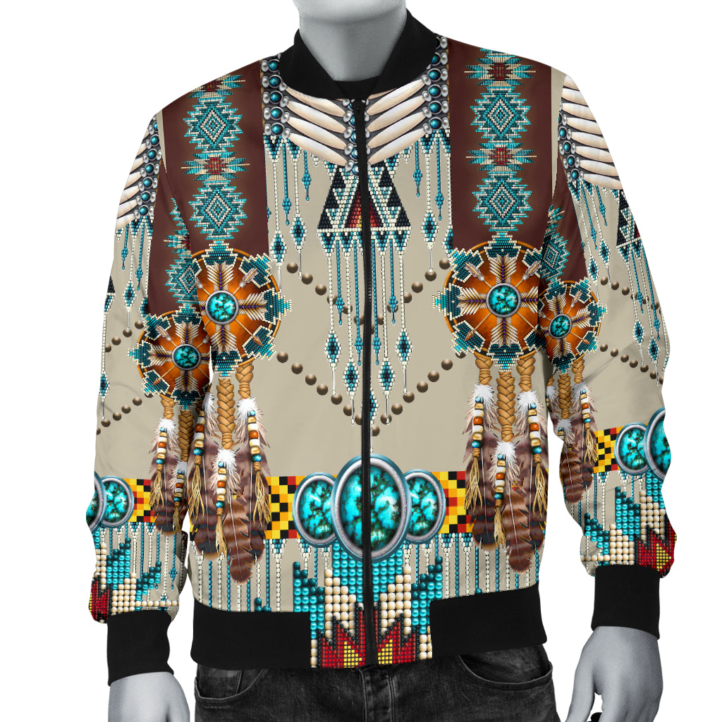 Powwow Store gb nat00069 turquoise blue pattern breastplate native mens bomber jacket