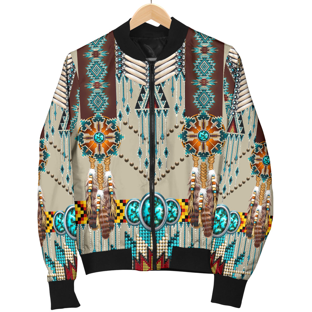 Powwow Store gb nat00069 turquoise blue pattern breastplate native mens bomber jacket