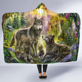 GB-NAT00398 Wolf Happiness Family In The Spring Forest Hooded Blanket