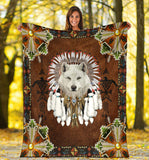 White Wolf With Headress Feathers Blanket