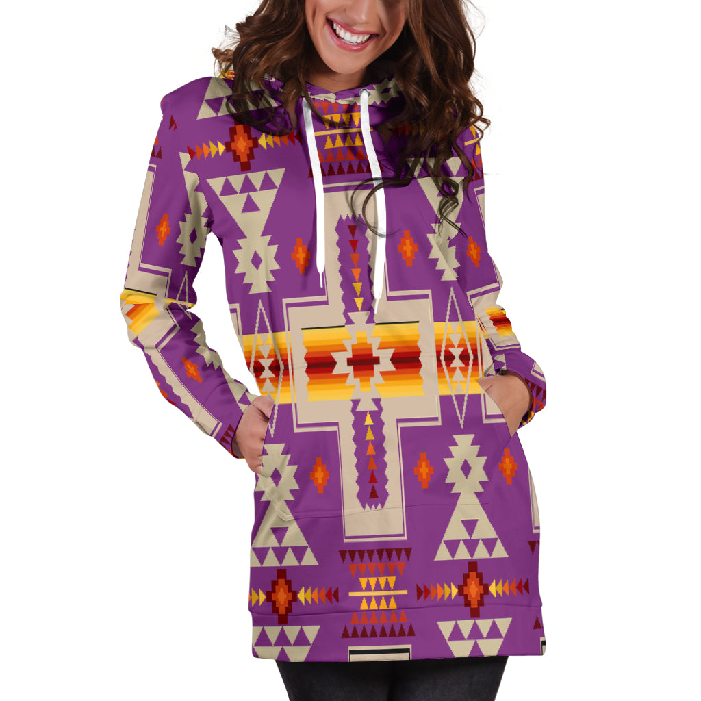 GB-NAT00062-07 Light Purple Tribe Design Native American Hoodie Dress - Powwow Store