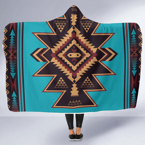 Blue Geometric Native American Indian Hooded Blanket - ProudThunderbird