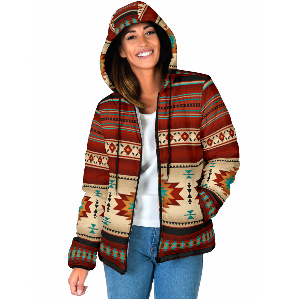 GB-NAT00559-02 Red Pattern Women's Padded Hooded Jacket