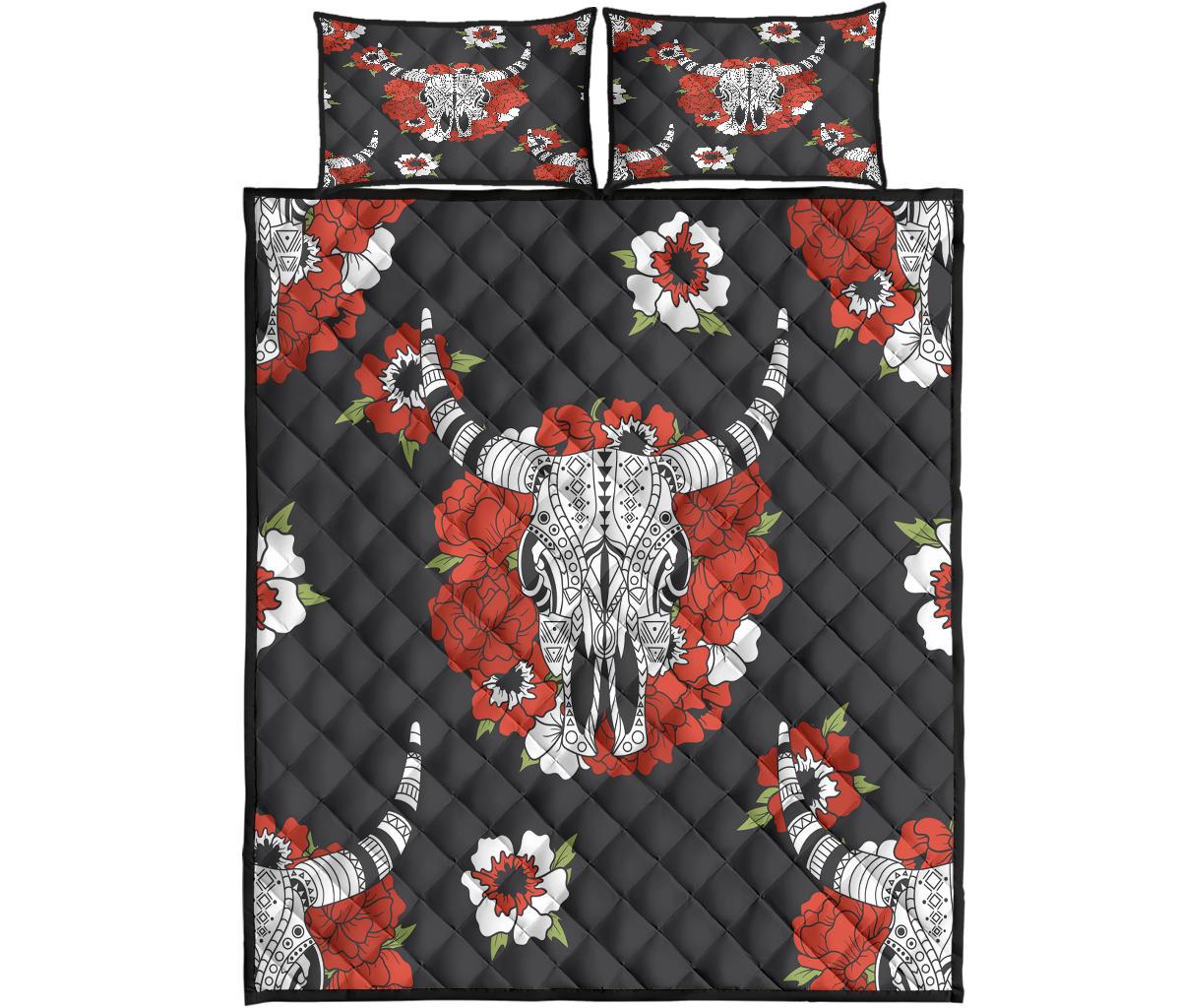 Bison And Red Flowers Native American Quilt Bed Set - Powwow Store