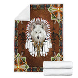 White Wolf With Headress Feathers Blanket