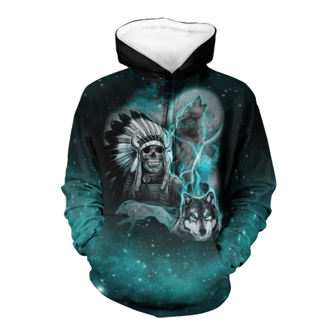 Powwow StoreHD00044 Skull And Wolf Smoke Native 3D Hoodie