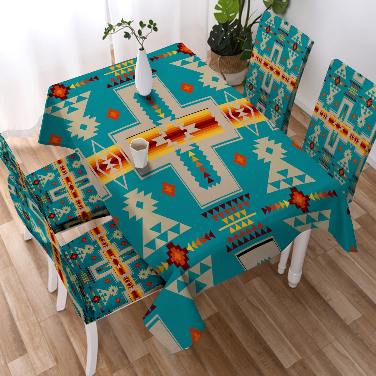 GB-NAT00062-05 Turquoise Tribe Design Native American Tablecloth - Powwow Store
