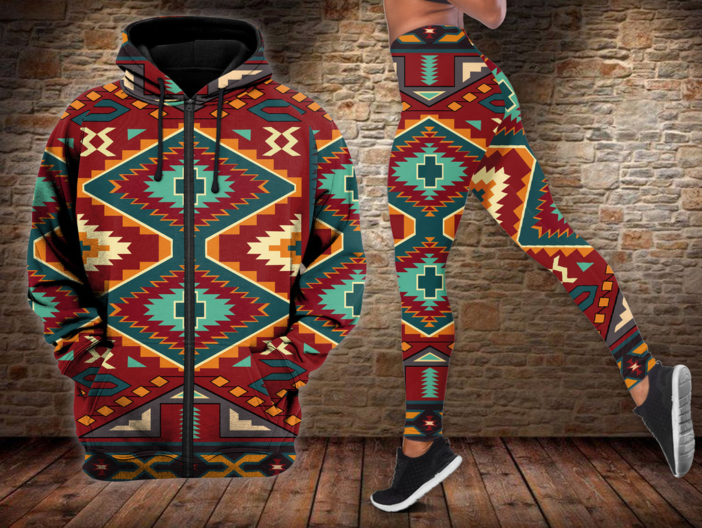 Powwow StoreGBNAT00061 Native Pattern Hoodie Zipper Legging Set