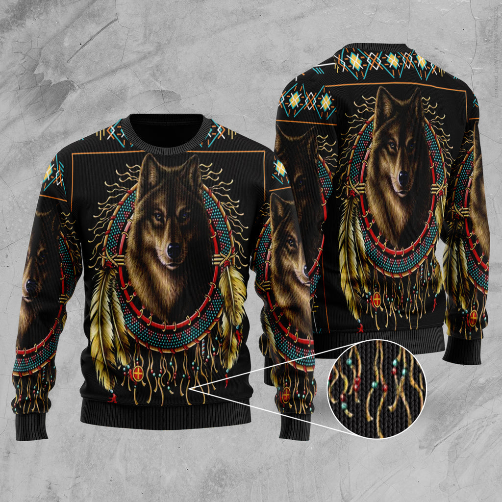 GB-NAT00020 Wolf Warrior Dreamcatcher Native American Sweater