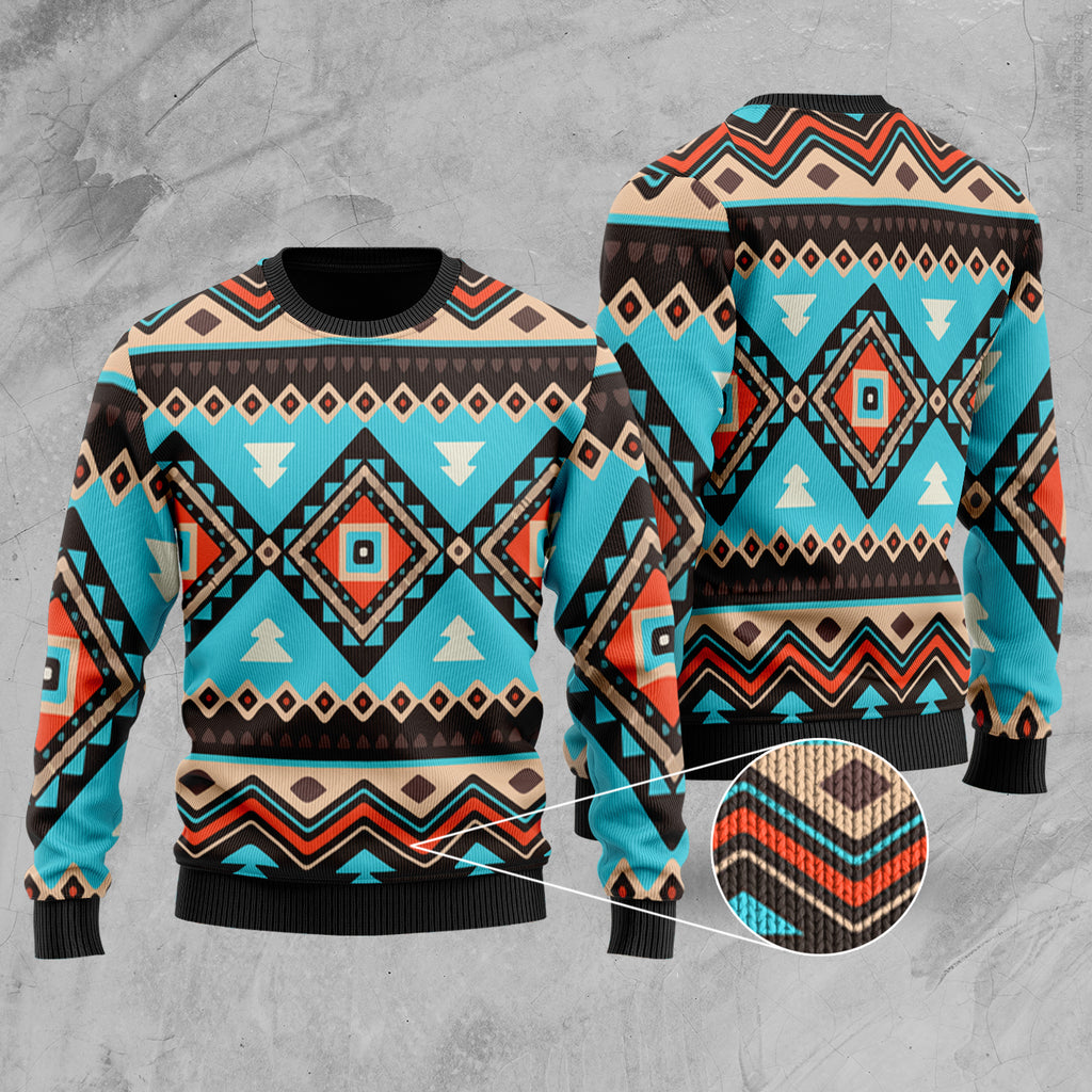 GB-NAT00319 Tribal Line Shapes Ethnic Pattern Sweater