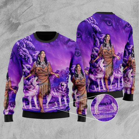 GB-NAT00352 Native Girl And Wolf Purple Sweater