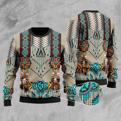 GB-NAT00069 Turquoise Blue Pattern Breastplate Native American Sweater