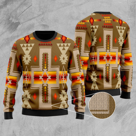 GB-NAT00062-10 Light Brown Tribe Design Native American Sweater