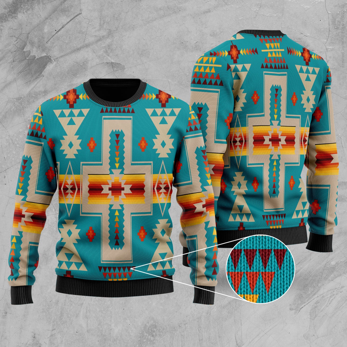 GB-NAT00062-05 Turquoise Tribe Design Native American Sweater - Powwow Store