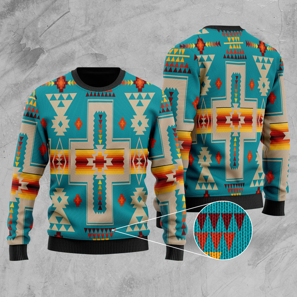 GB-NAT00062-05 Turquoise Tribe Design Native American Sweater