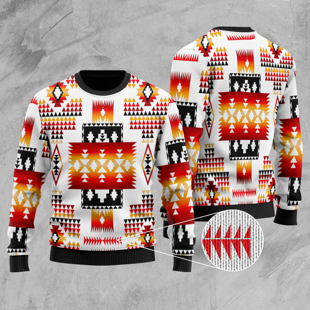 GB-NAT00075  White Tribes Pattern Native American Sweater