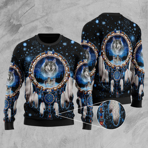 GB-NAT00010 Galaxy Dreamcatcher Wolf 3D Native American Sweater