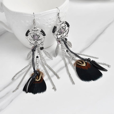 Black Feather Tribal Dream catcher Earrings - ProudThunderbird